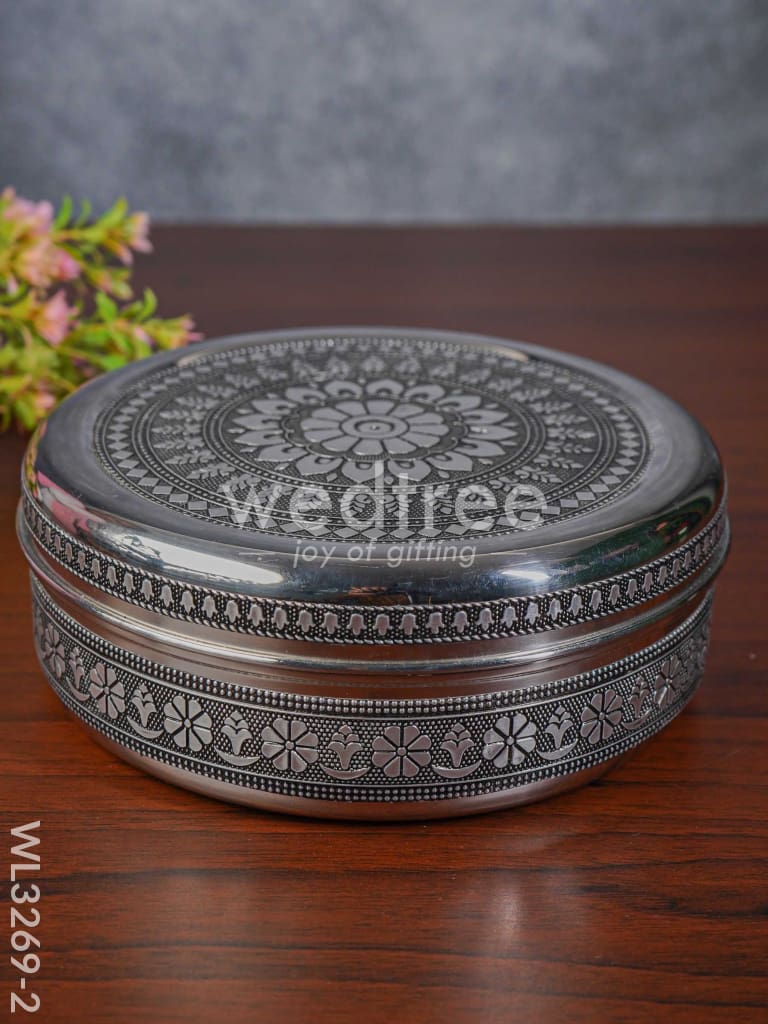 Silver Oxidised Floral Design Poori Box - WL3269