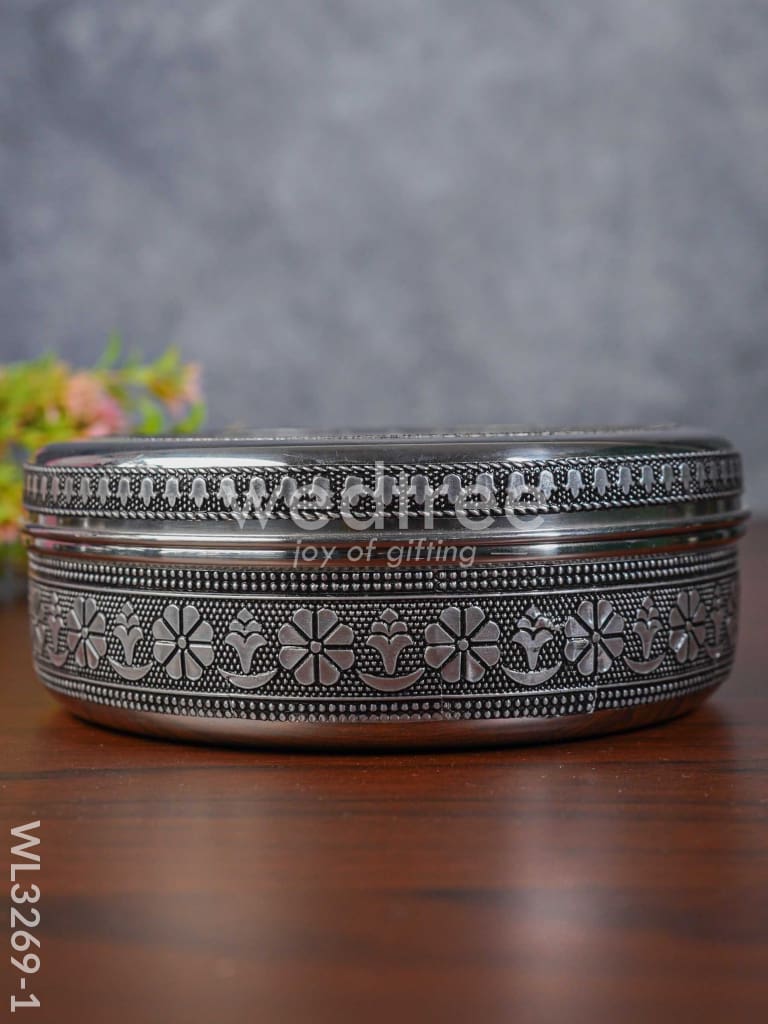 Silver Oxidised Floral Design Poori Box - WL3269