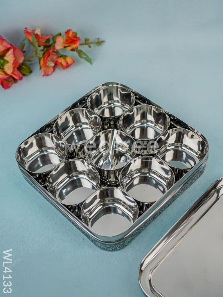 Stainless steel Silver Oxidised Masala Box - WL4133