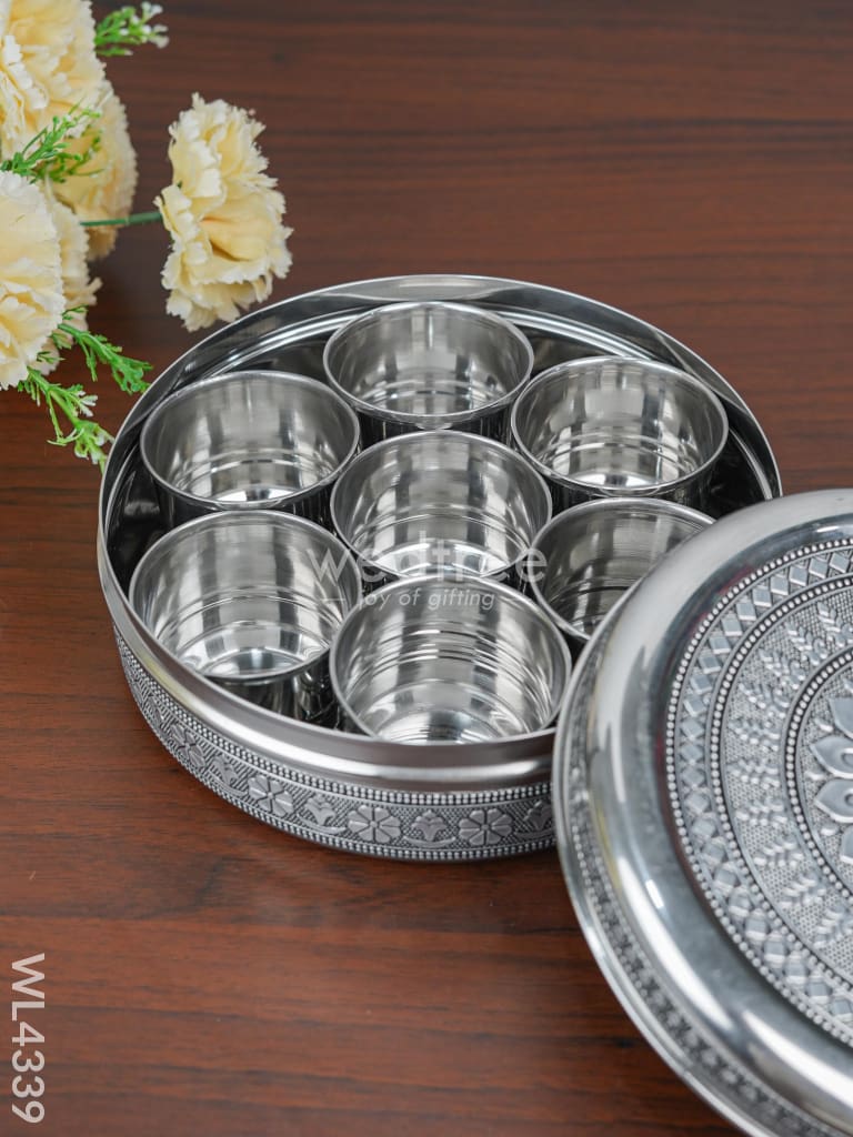 Stainless Steel Silver Oxidised Masala Box - WL4339