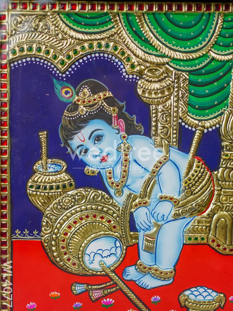 Tanjore Painting - Butter Krishna - Flat (Gold Foil) - 12x10 inch - WL4077