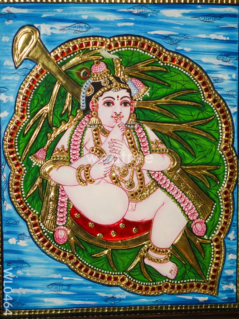 Tanjore Painting Krishna on Banyan Leaf - 15X12 Inches - WL0464