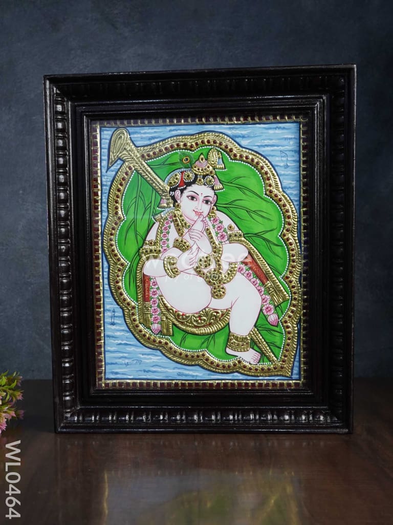 Tanjore Painting Krishna on Banyan Leaf - 15X12 Inches - WL0464