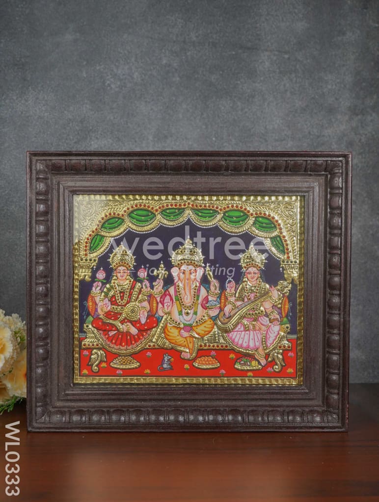 Tanjore Painting Lakshmi, Ganesha and Saraswathi - Flat (Gold foil) - 12x10 inch - WL0333