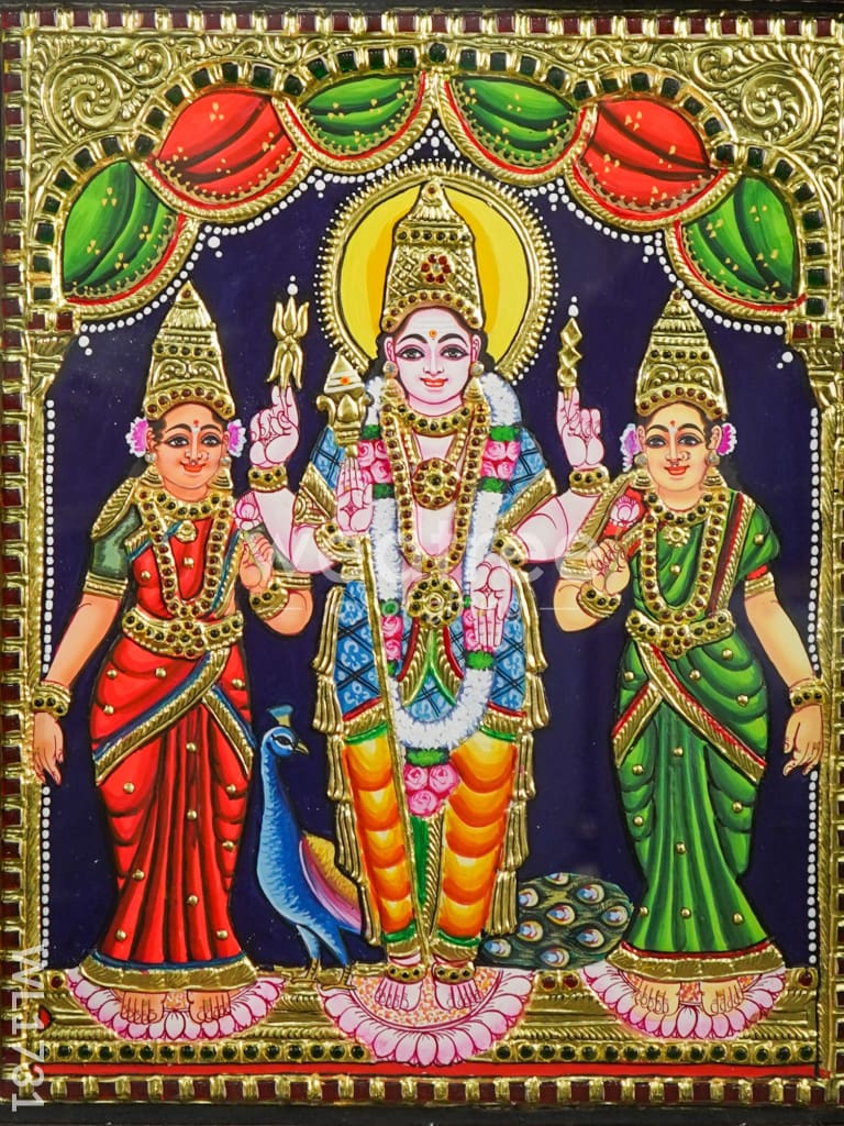 Tanjore Painting - Murugan Valli Deivanai - Direct Leaf - 15x12 - WL1731