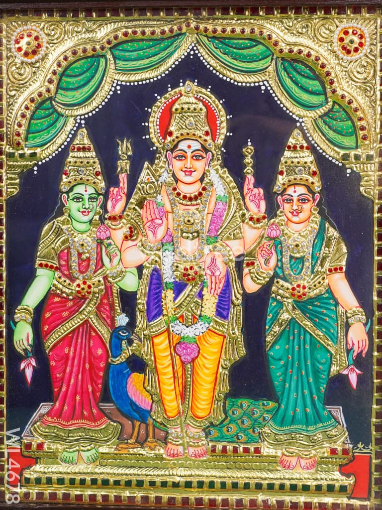 Tanjore Painting - Murugan-Valli-Deivanai - Semi Embossed - 15x12 inch - WL4678