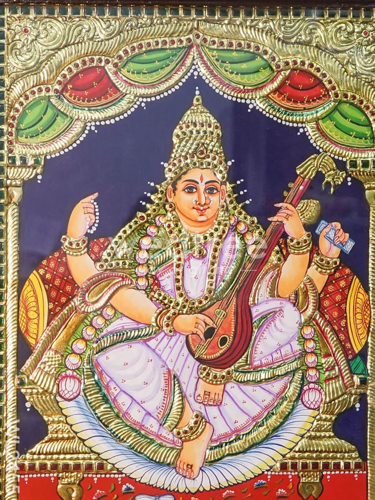 Tanjore Painting Saraswathi - Flat (Gold foil) - 18x14 inch - WL2455