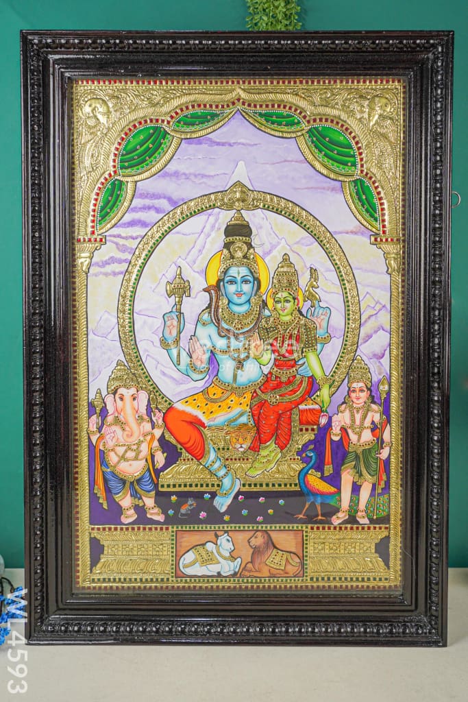 Tanjore Painting - Shiv Parivar - Flat (Gold Foil) - 3x2 ft - WL4593