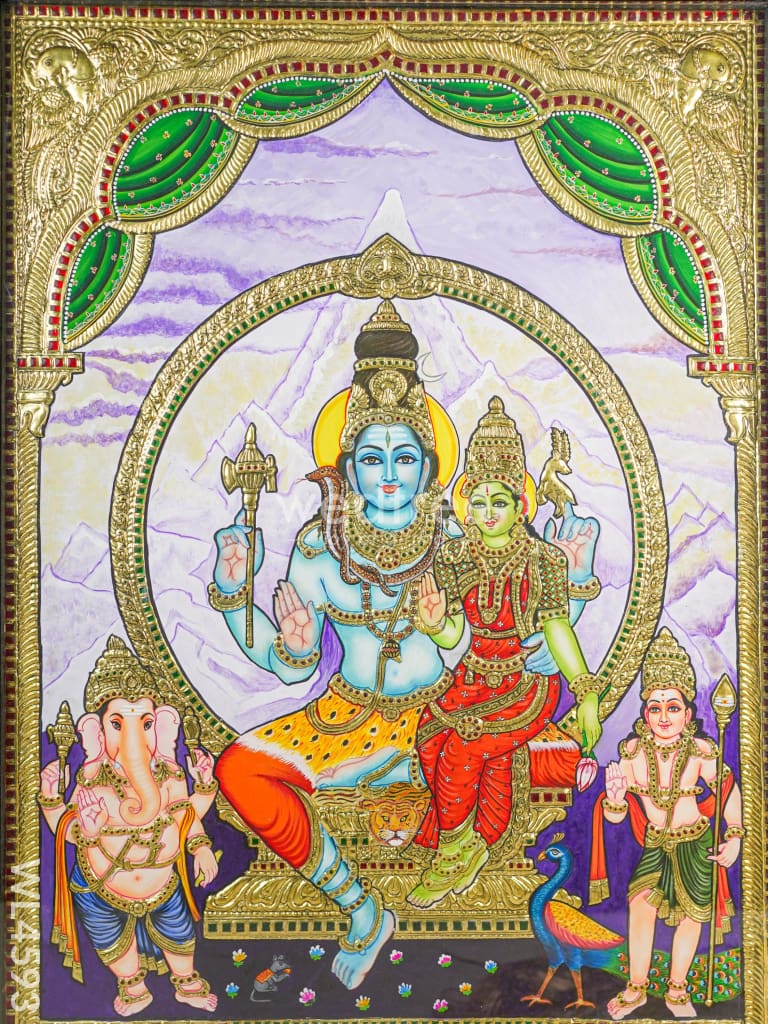 Tanjore Painting - Shivan Family - Flat (Gold Foil) - 3 x 2 ft - WL4593