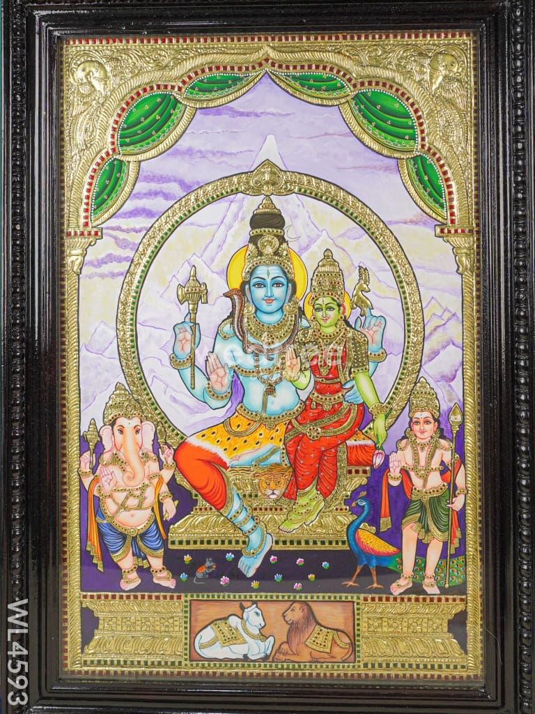 Tanjore Painting - Shivan Family - Flat (Gold Foil) - 3 x 2 ft - WL4593