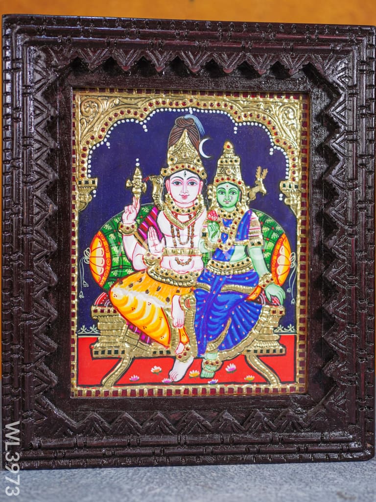 Tanjore Painting (Reverse Chettinad Frame) - Shivan-Parvati - Flat (Gold Foil) - 10x8 inch - WL3973