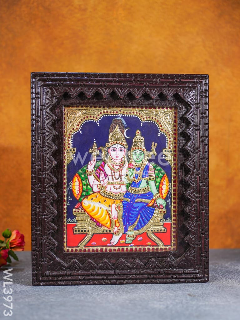 Tanjore Painting (Reverse Chettinad Frame) - Shivan-Parvati - Flat (Gold Foil) - 10x8 inch - WL3973