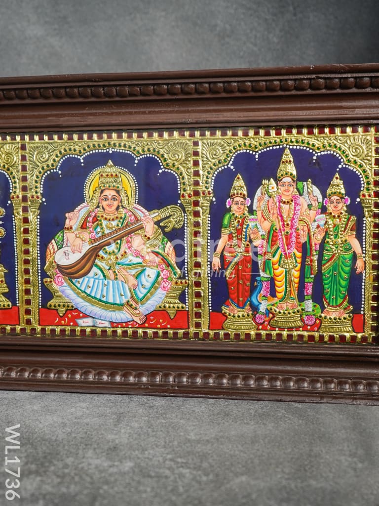 Tanjore Painting - Balaji-Gajalakshmi-Ganesha-Saraswathi-Murugan Family - Flat (Gold Foil) - 9x39 inch (5 in 1) - WL1736
