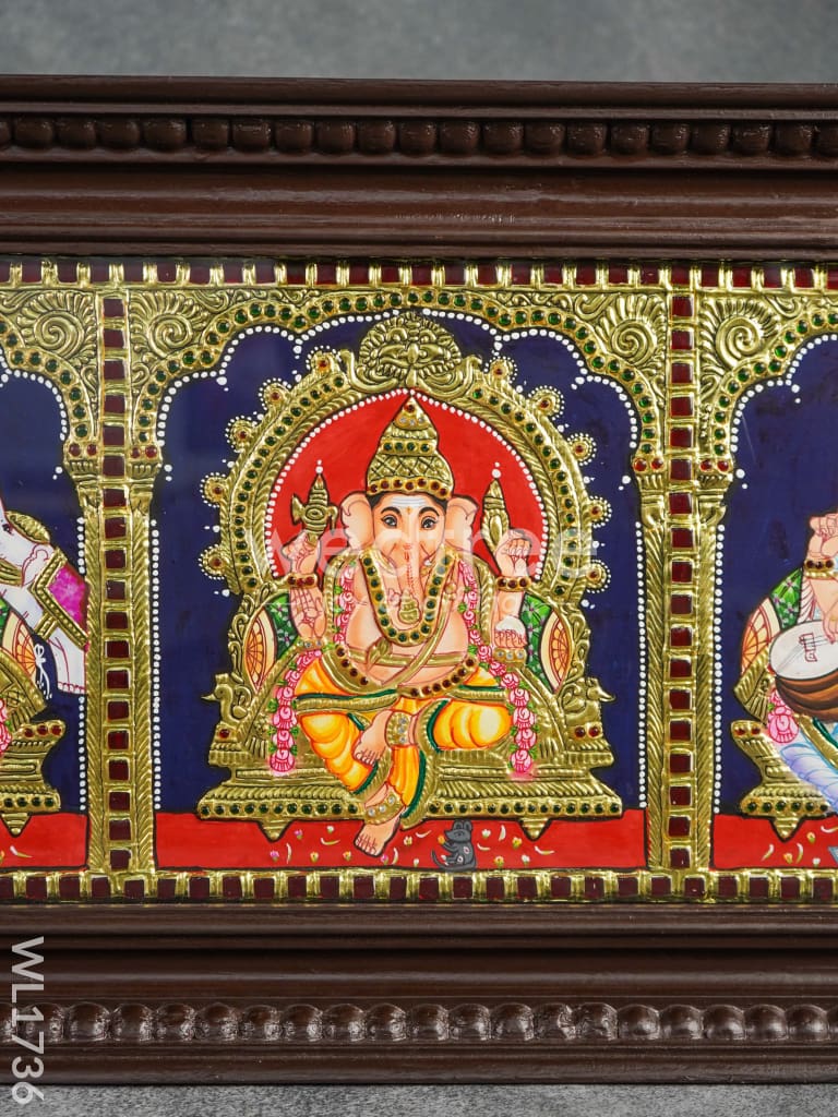 Tanjore Painting - Balaji-Gajalakshmi-Ganesha-Saraswathi-Murugan Family - Flat (Gold Foil) - 9x39 inch (5 in 1) - WL1736