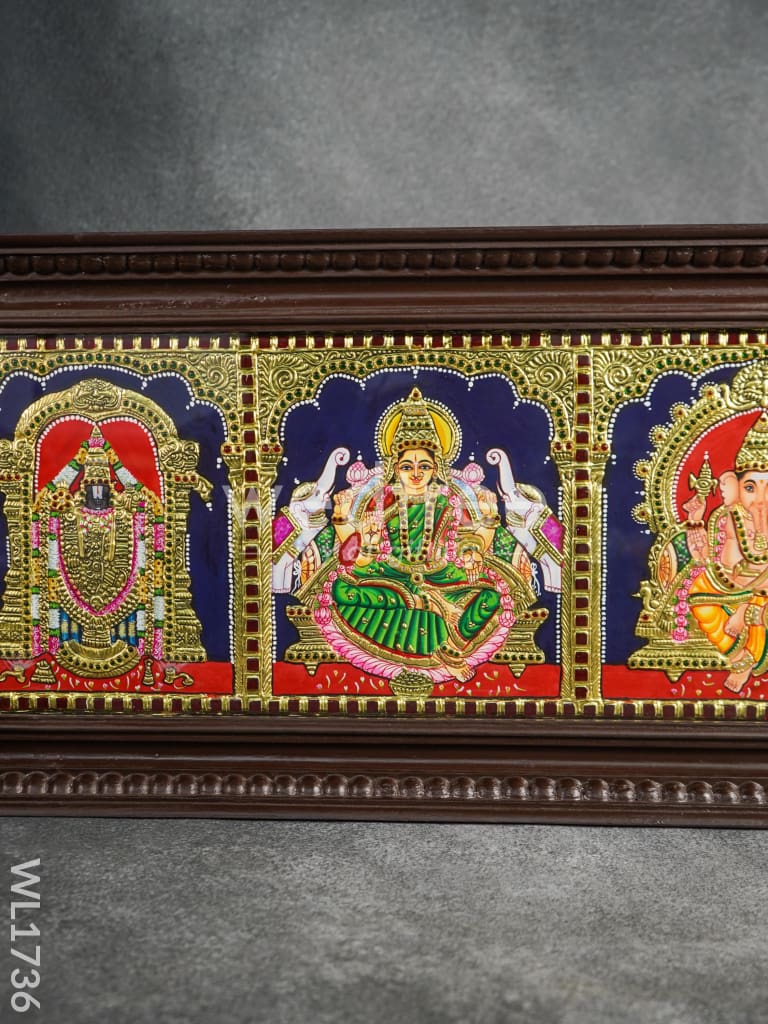 Tanjore Painting - Balaji-Gajalakshmi-Ganesha-Saraswathi-Murugan Family - Flat (Gold Foil) - 9x39 inch (5 in 1) - WL1736