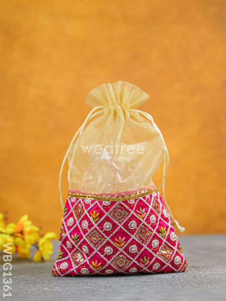 Tissue and Embroidered Raw Silk String Bag - WBG1361