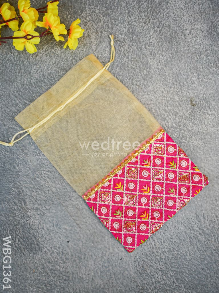 Tissue and Embroidered Raw Silk String Bag - WBG1361