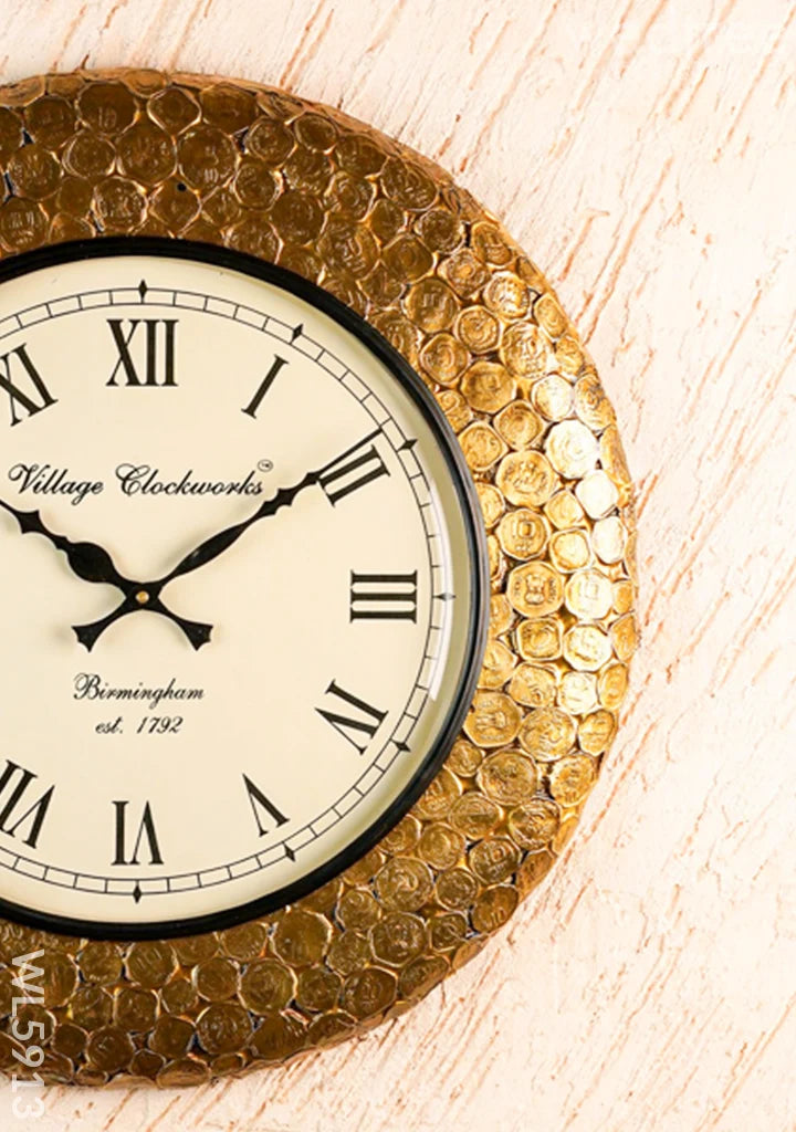 Wall Clock - Embossed Brass with Coins - 18 inch - WL5913