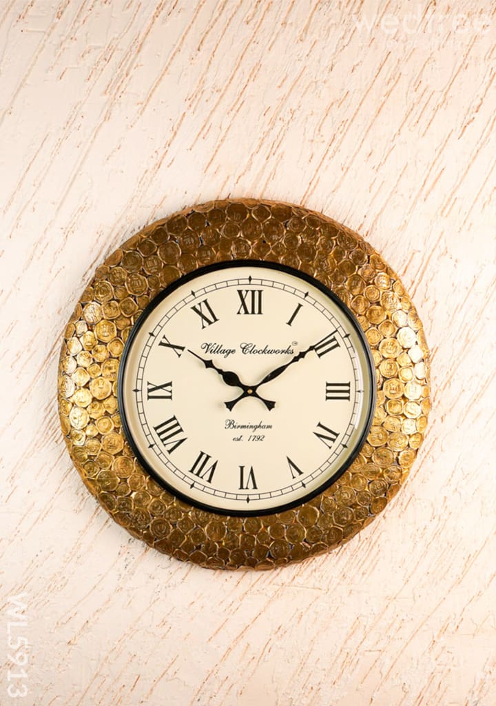 Wall Clock - Embossed Brass with Coins - 18 inch - WL5913