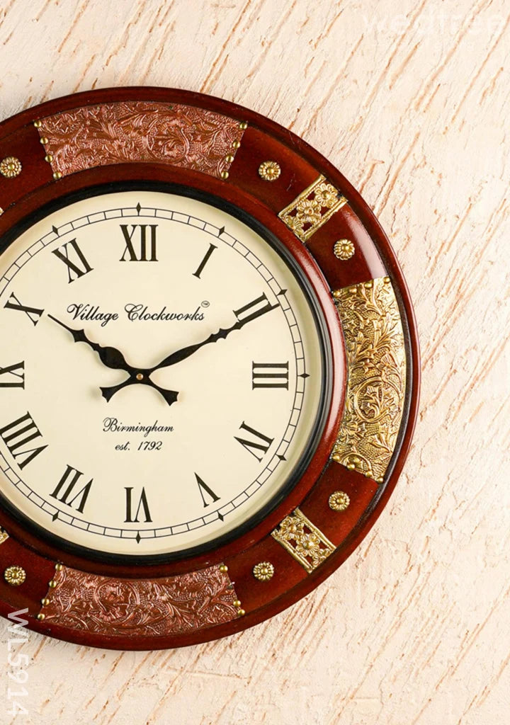 Wall Clock - Embossed Brass with Floral Designs - 18 inch - WL5914