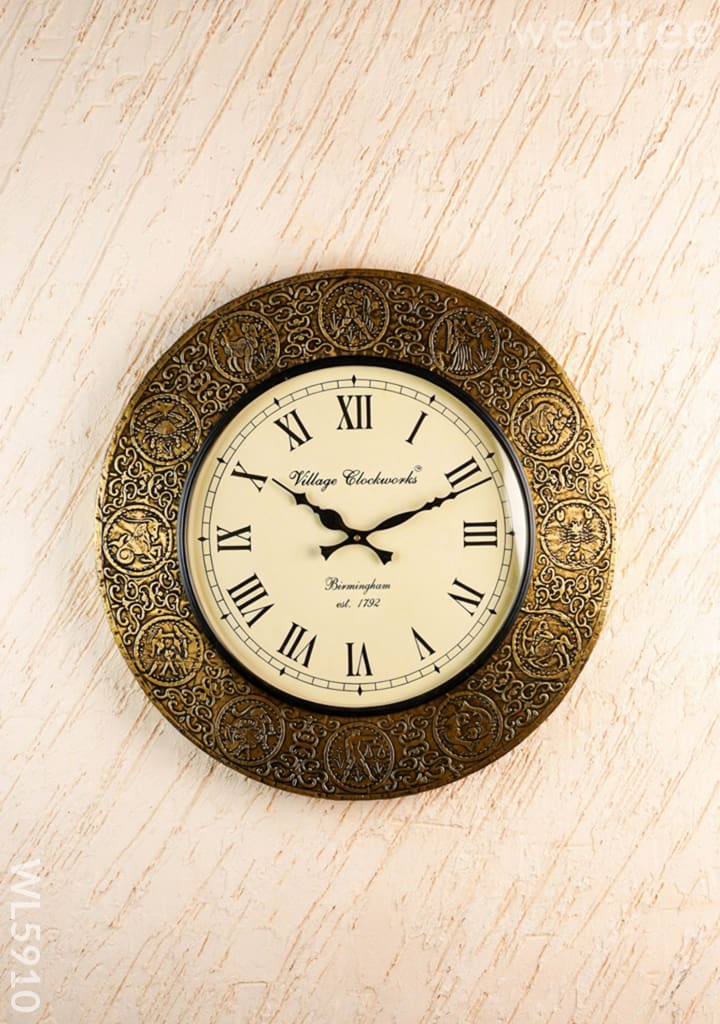 Wall Clock - Embossed Brass with Zodiac Signs - 18 inch - WL5910