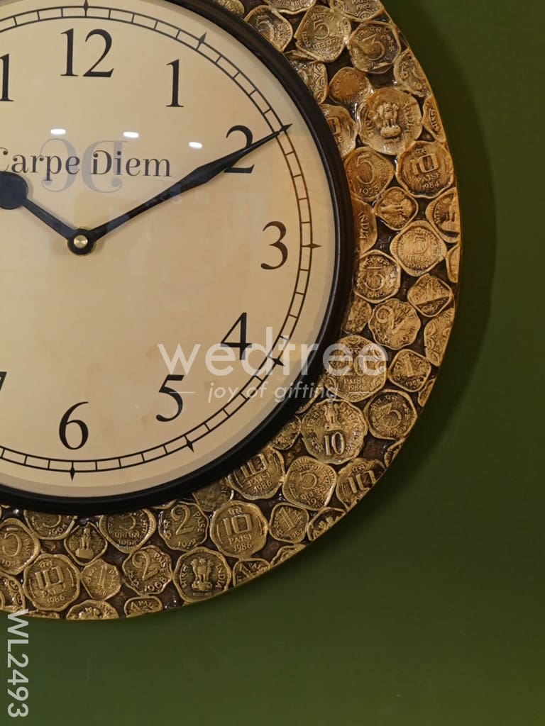 Wall Clock - Wooden Brass Polished Frame (12 inch) - WL2493