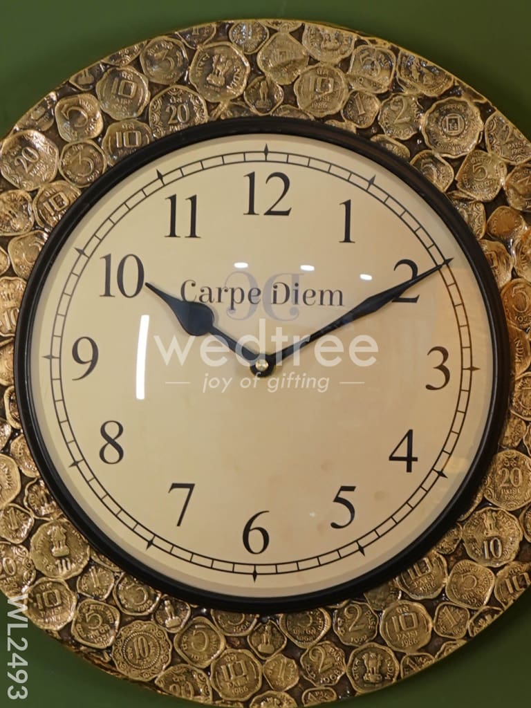 Wall Clock - Wooden Brass Polished Frame (12 inch) - WL2493