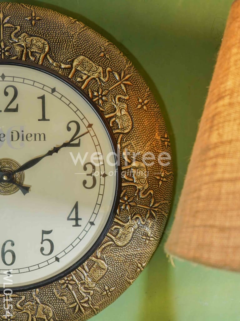 Wall clocks - Embossed brass with Brown and gold elephant design (18 inch) - WL0154