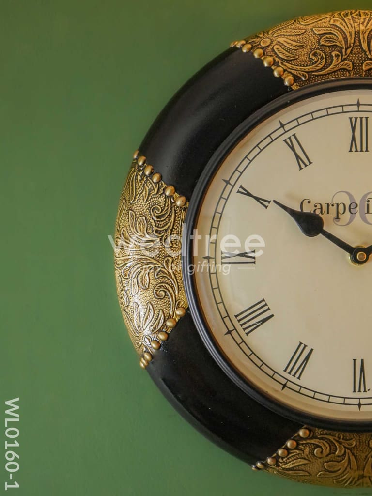 Wall clocks -Hand painted with Black floral prints & stone work (12 inches) - WL0160-1