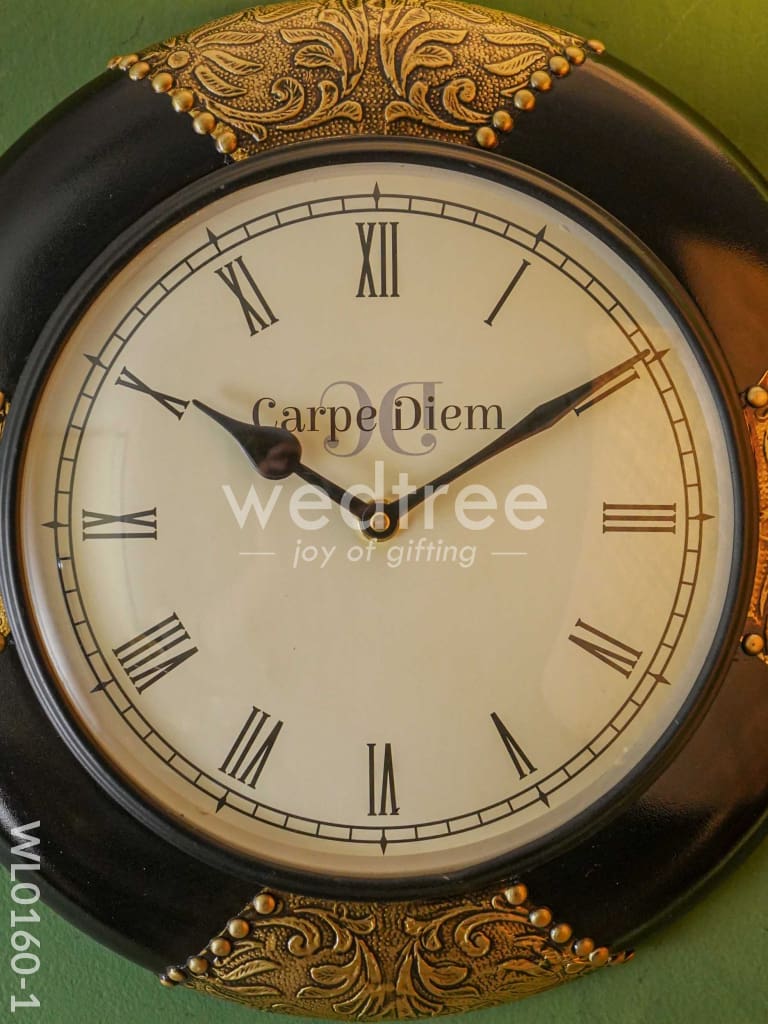 Wall clocks -Hand painted with Black floral prints & stone work (12 inches) - WL0160-1