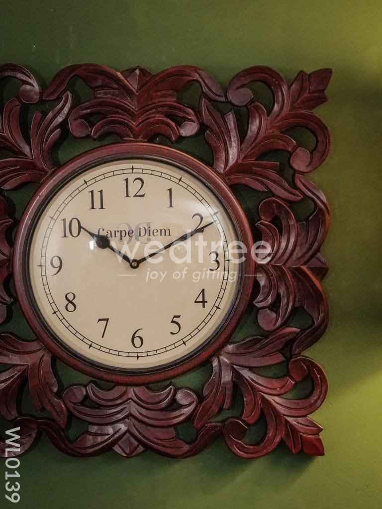 Wall clocks - Wooden carving with floral print (18 inches) - WL0139