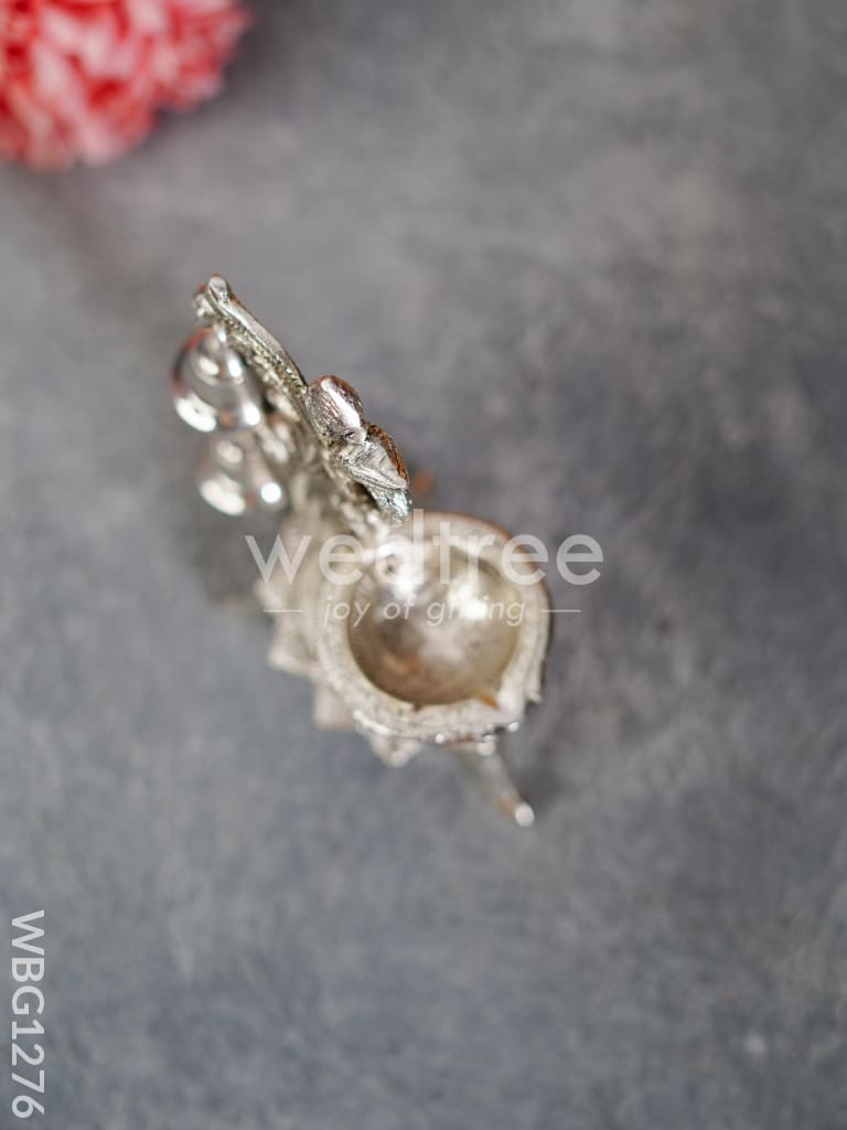 White Metal Chowki with Diya & Hanging Bells - WBG1276