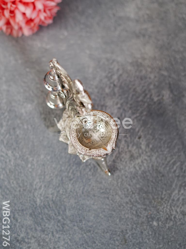 White Metal Chowki with Diya & Hanging Bells - WBG1276