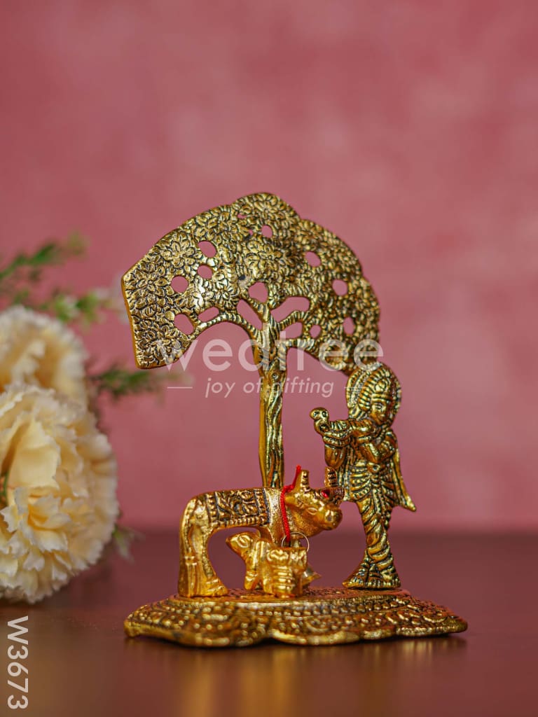 White metal Cow Krishna under tree gold finish - W3673