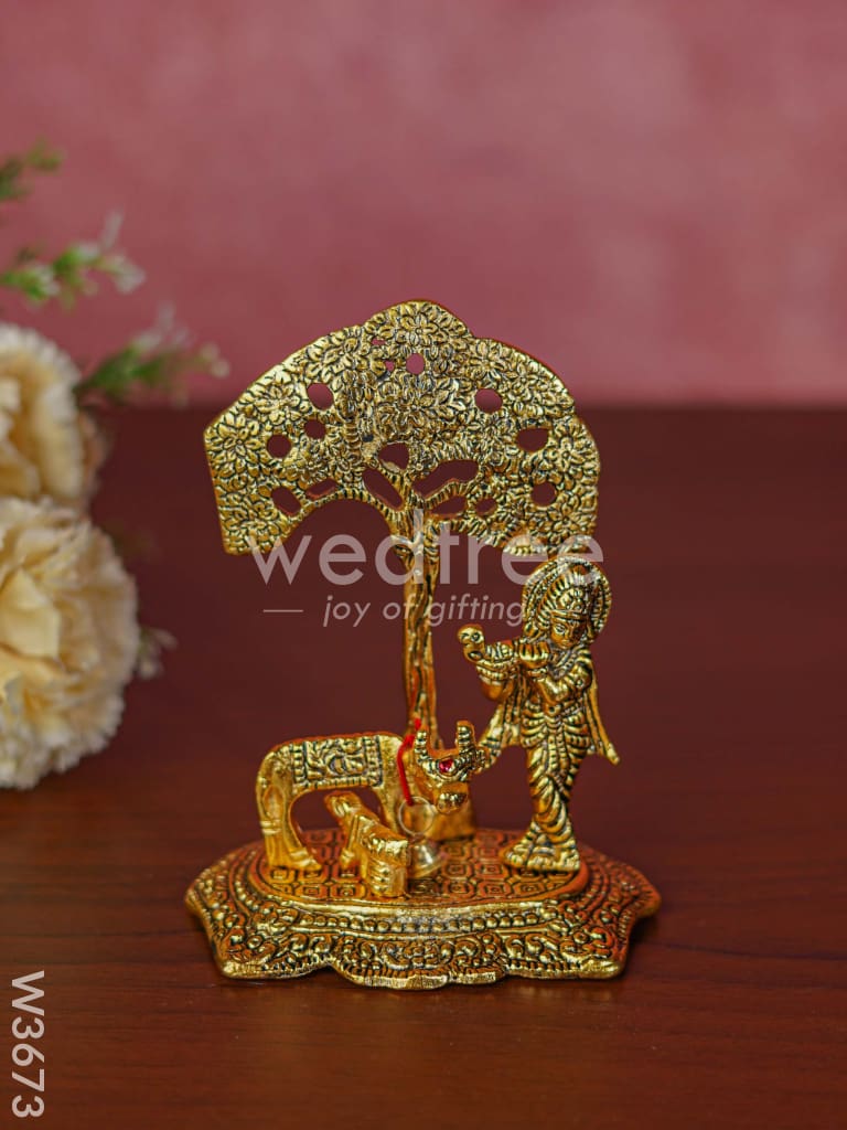 White metal Cow Krishna under tree gold finish - W3673