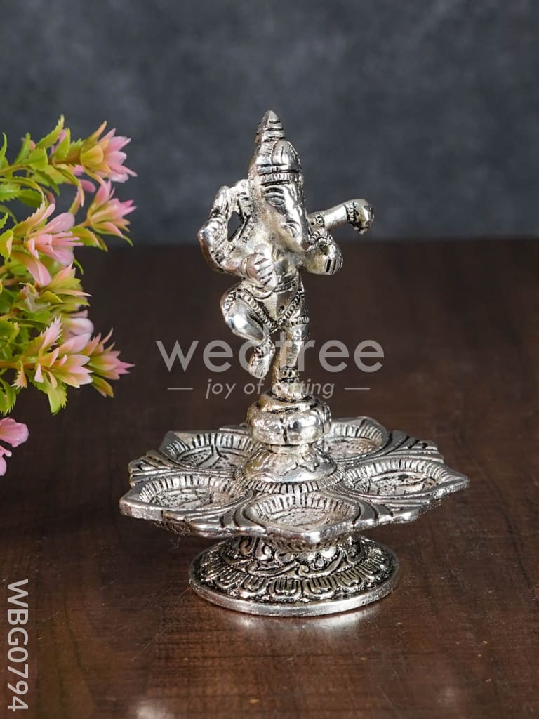 White Metal Dancing Ganesh 5 Face Diya - WBG0794