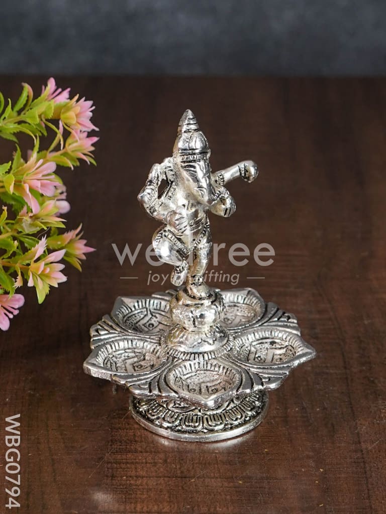 White Metal Dancing Ganesh 5 Face Diya - WBG0794