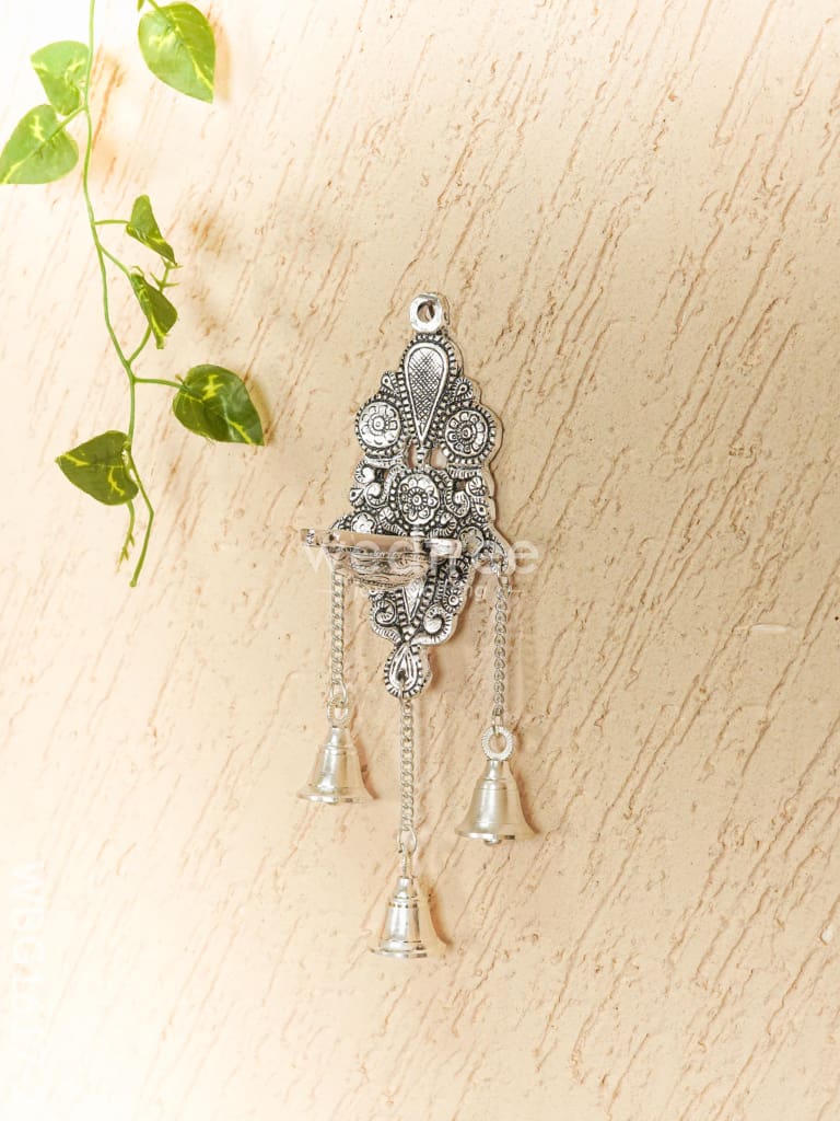 White Metal Diya with Bell - 11 inch - Silver - WBG1617-2