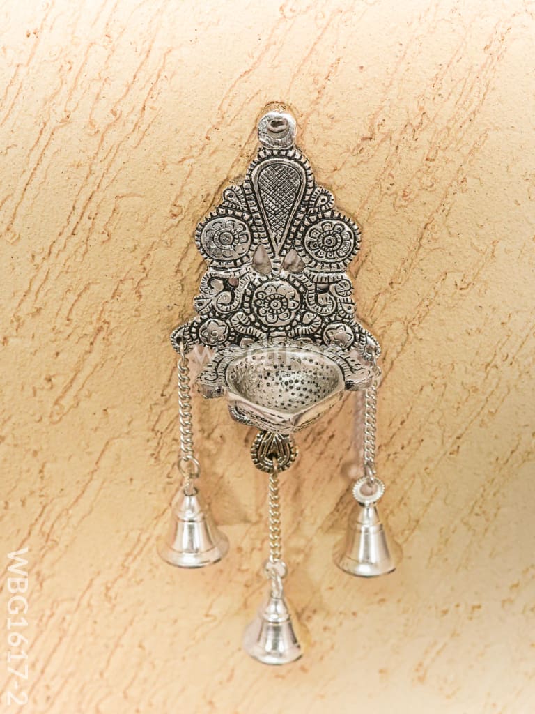 White Metal Diya with Bell - 11 inch - Silver - WBG1617-2