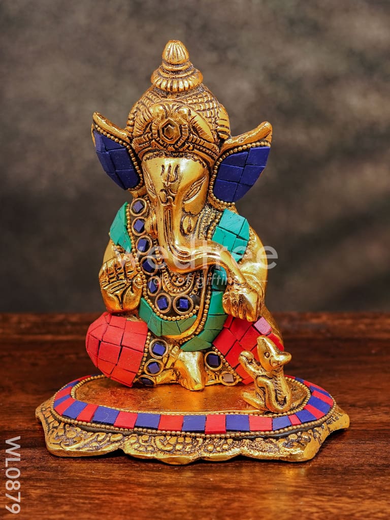White Metal Gold Finish Ganesh with Mouse Small - WL0879