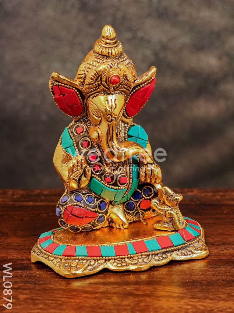 White Metal Gold Finish Ganesh with Mouse Small - WL0879