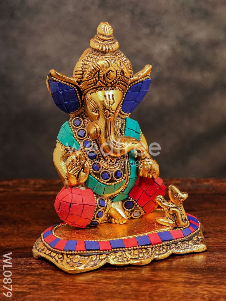 White Metal Gold Finish Ganesh with Mouse Small - WL0879