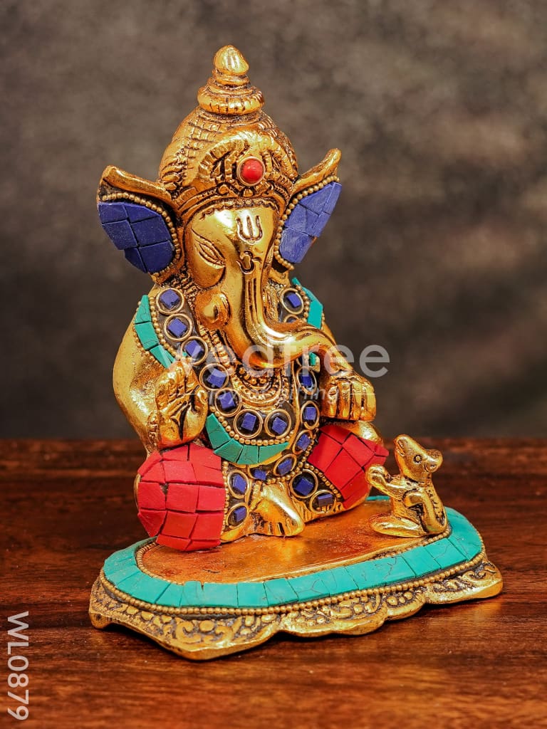 White Metal Gold Finish Ganesh with Mouse Small - WL0879