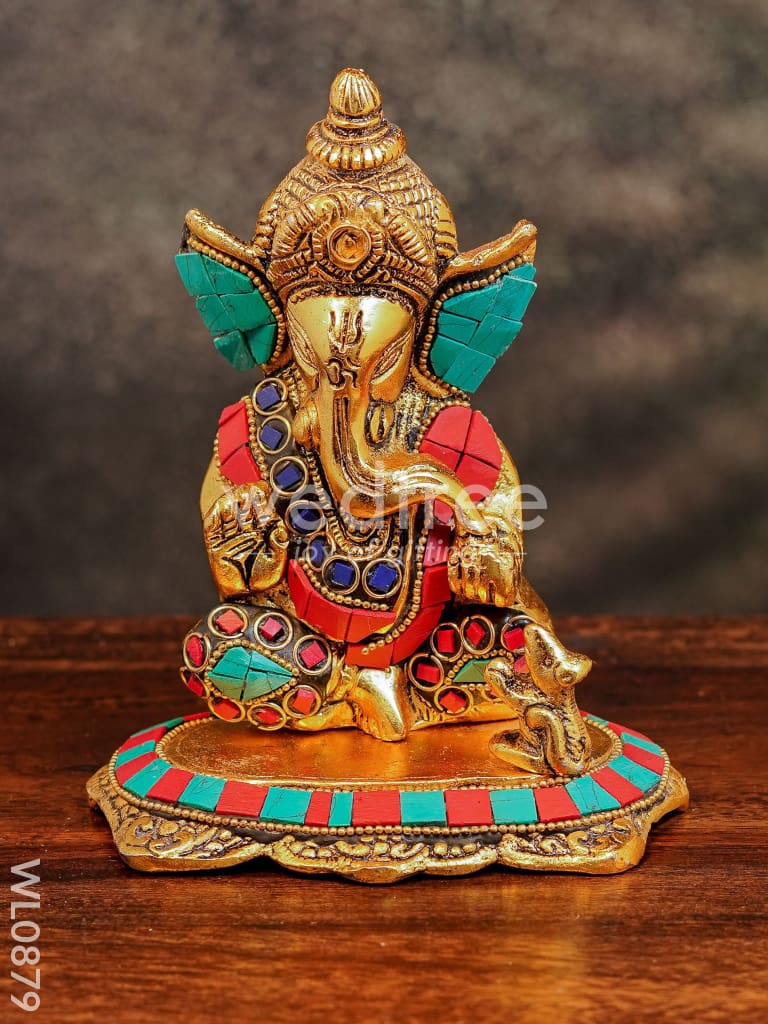 White Metal Gold Finish Ganesh with Mouse Small - WL0879
