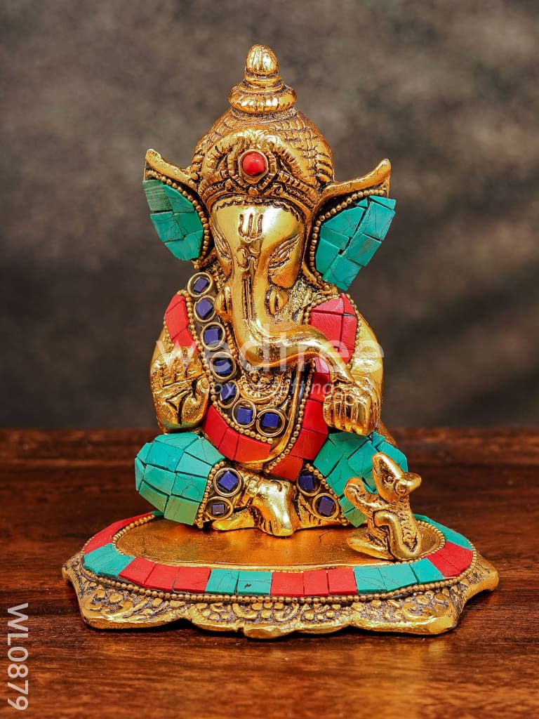 White Metal Gold Finish Ganesh with Mouse Small - WL0879