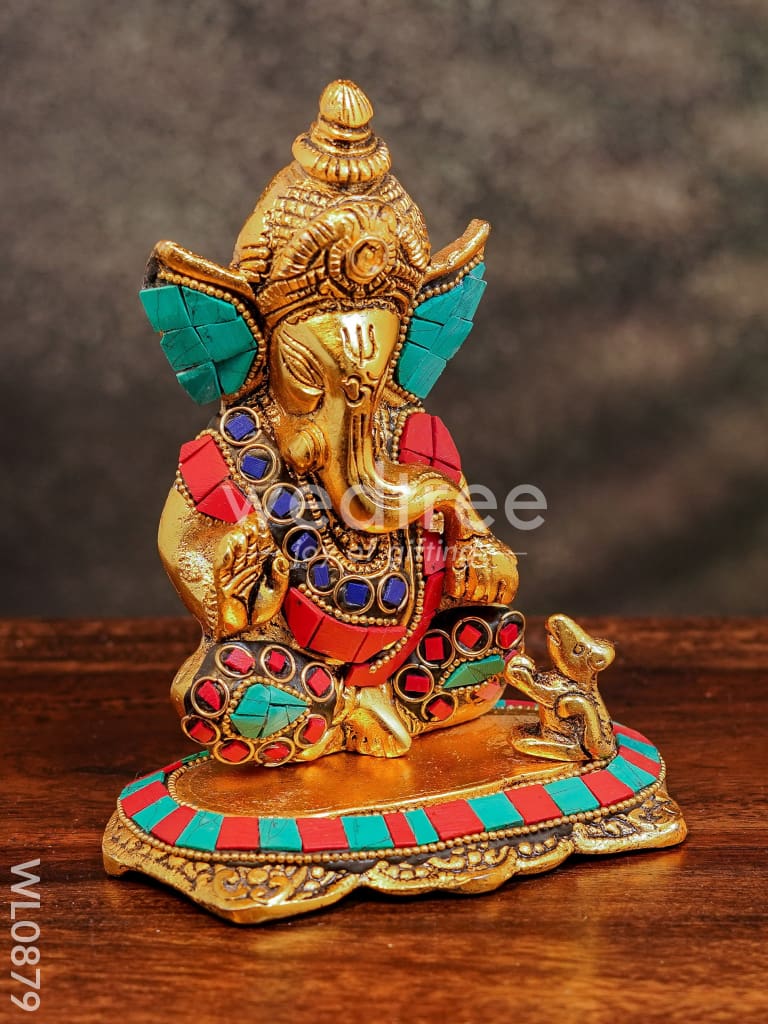 White Metal Gold Finish Ganesh with Mouse Small - WL0879