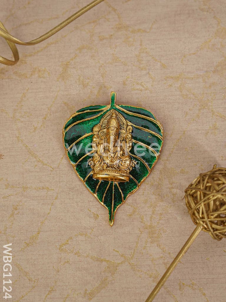 White Metal Green Leaf Ganesha Wall Hanging - WBG1124