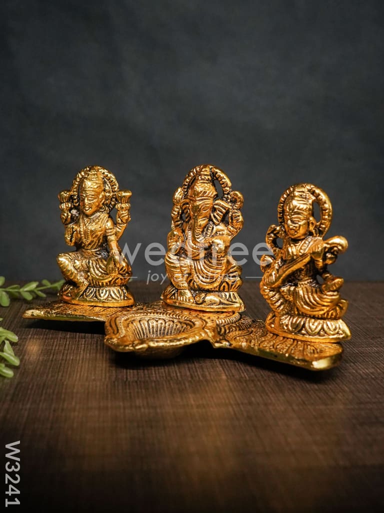 White Metal Lakshmi, Ganesha, Saraswati Diya - W3241