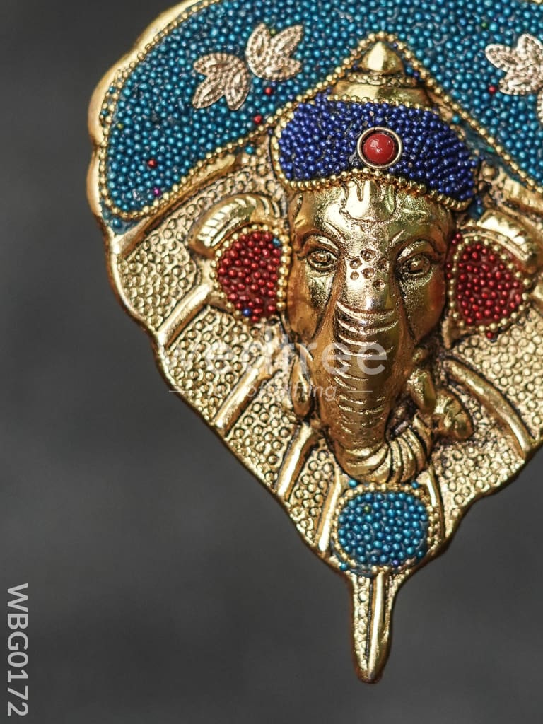 White Metal Leaf Ganesha Face with Colourful Beads - WBG0172