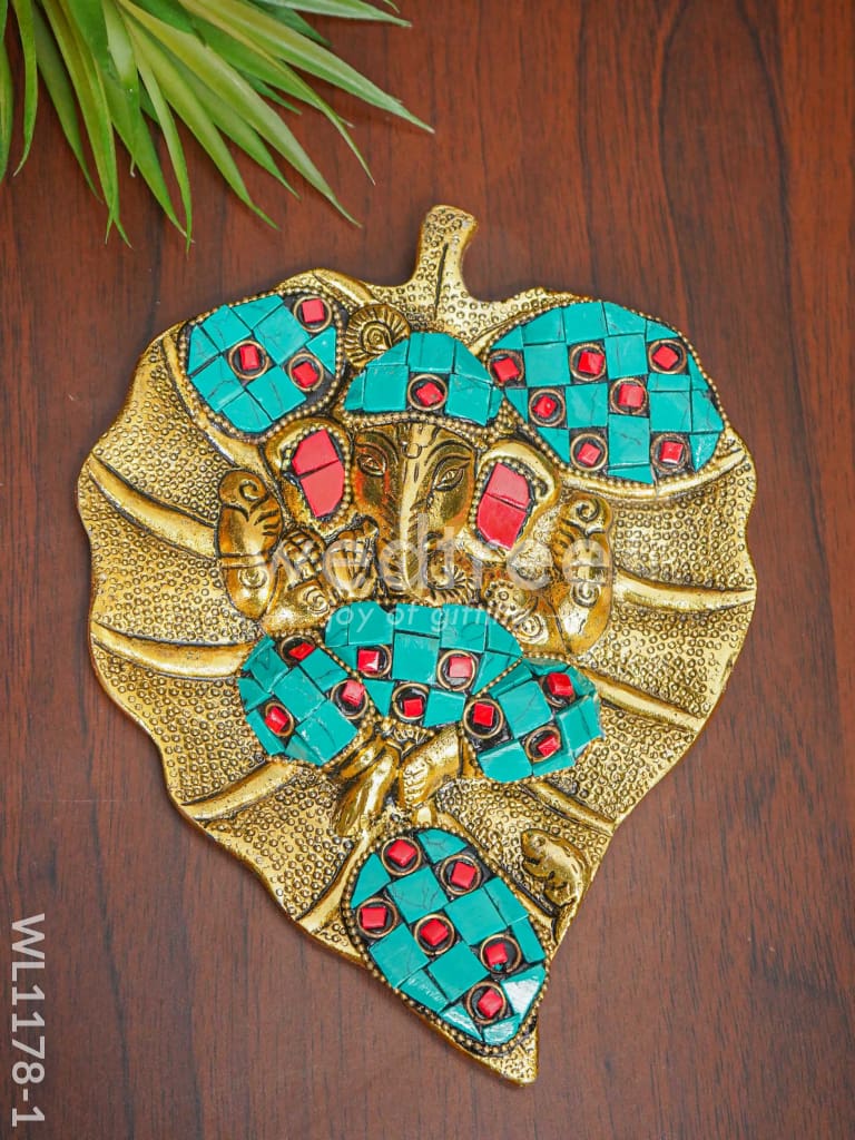 White Metal Leaf Ganesha with Stone Work - Large - WL1178